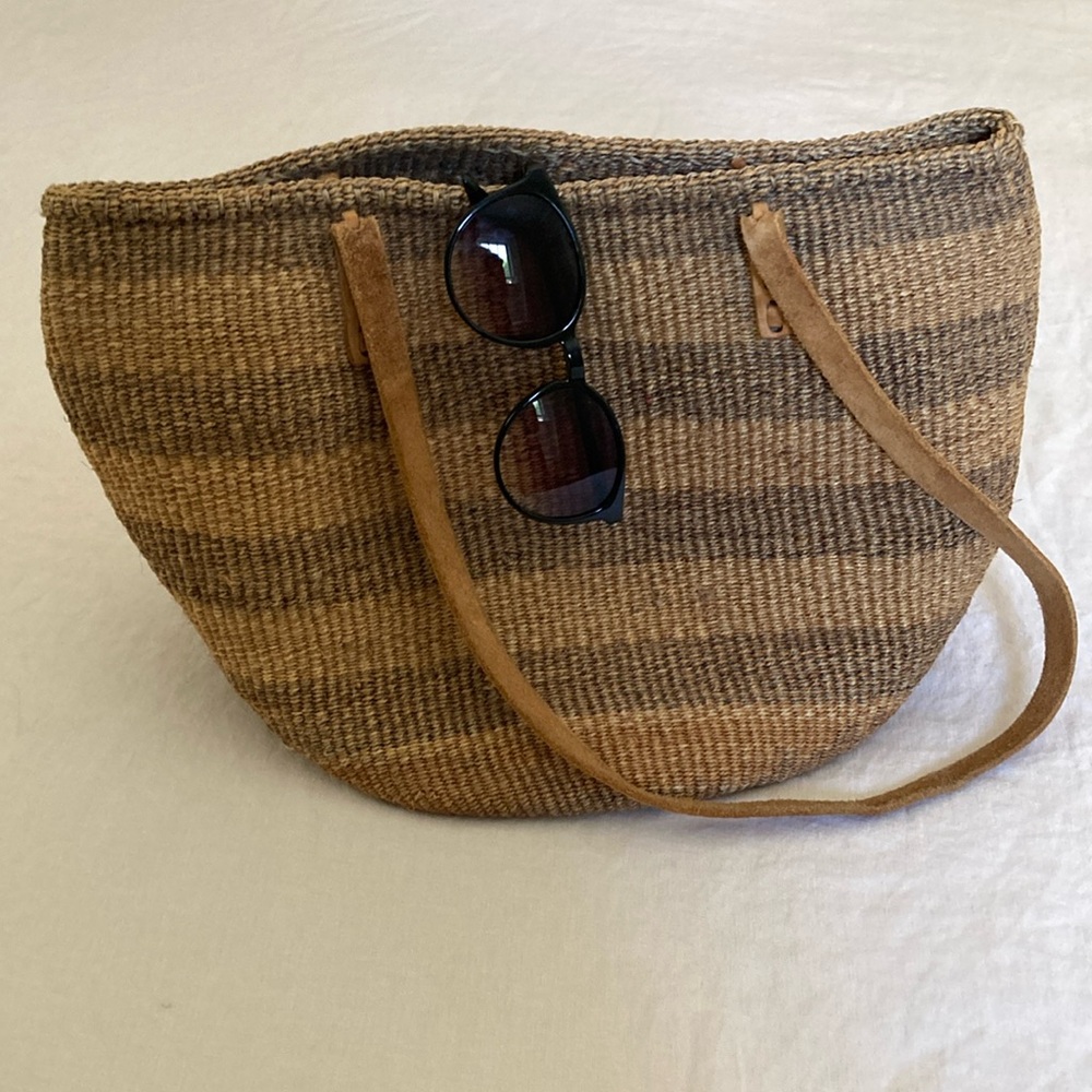 Striped Tan and Brown Woven Tote Bag